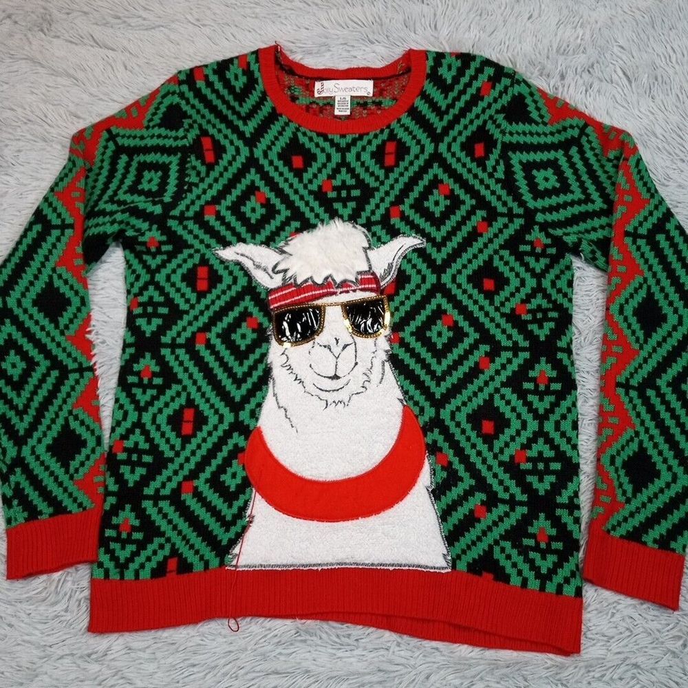 Jolly Sweaters Womens L Green Holiday Christmas Llama Cozy Comfort‎ Fun Ugly
